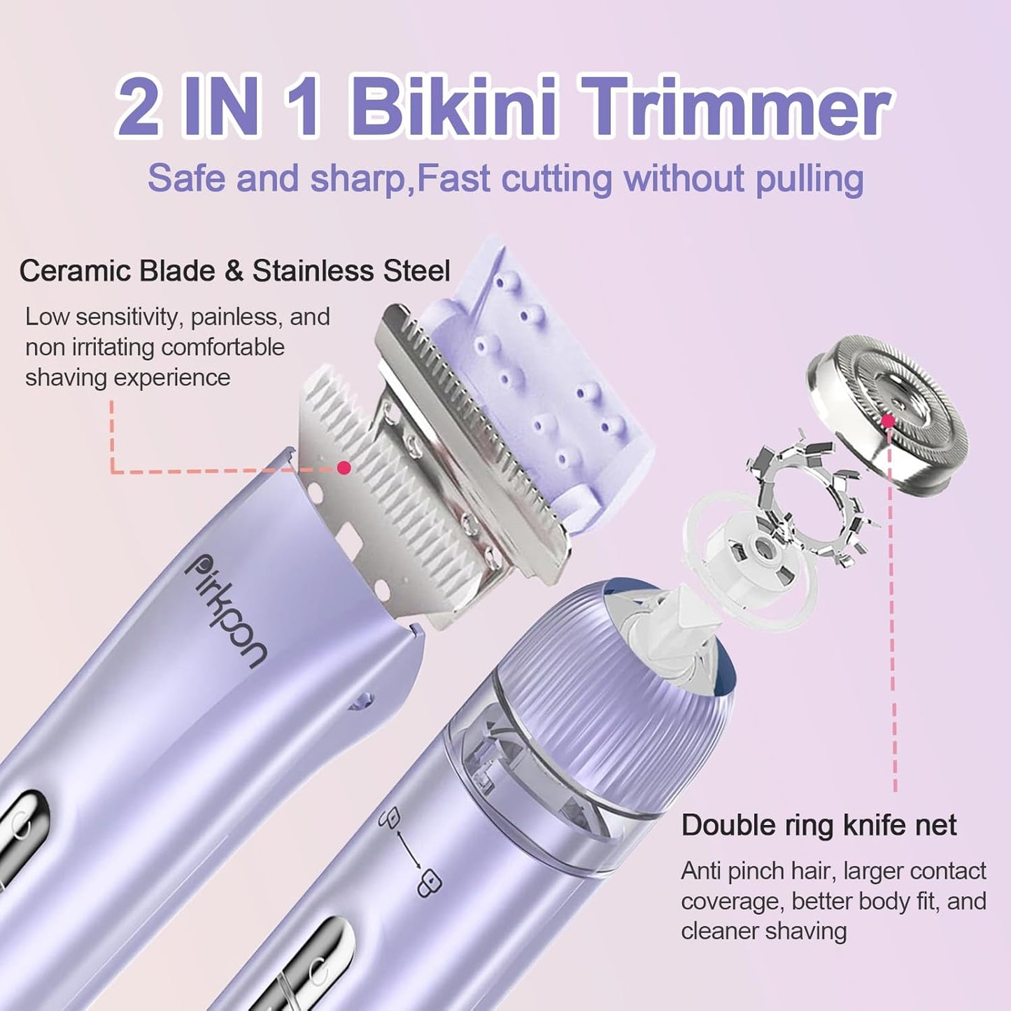 Bikini Trimmer for Women, Painless Electric Shaver with 2 in 1 Dual Head, Waterproof Wet & Dry Pubic Hair Remover, Rechargeable Bikini Razors for Face Body Underarm,Easy Cleaning & Travel-Friendly