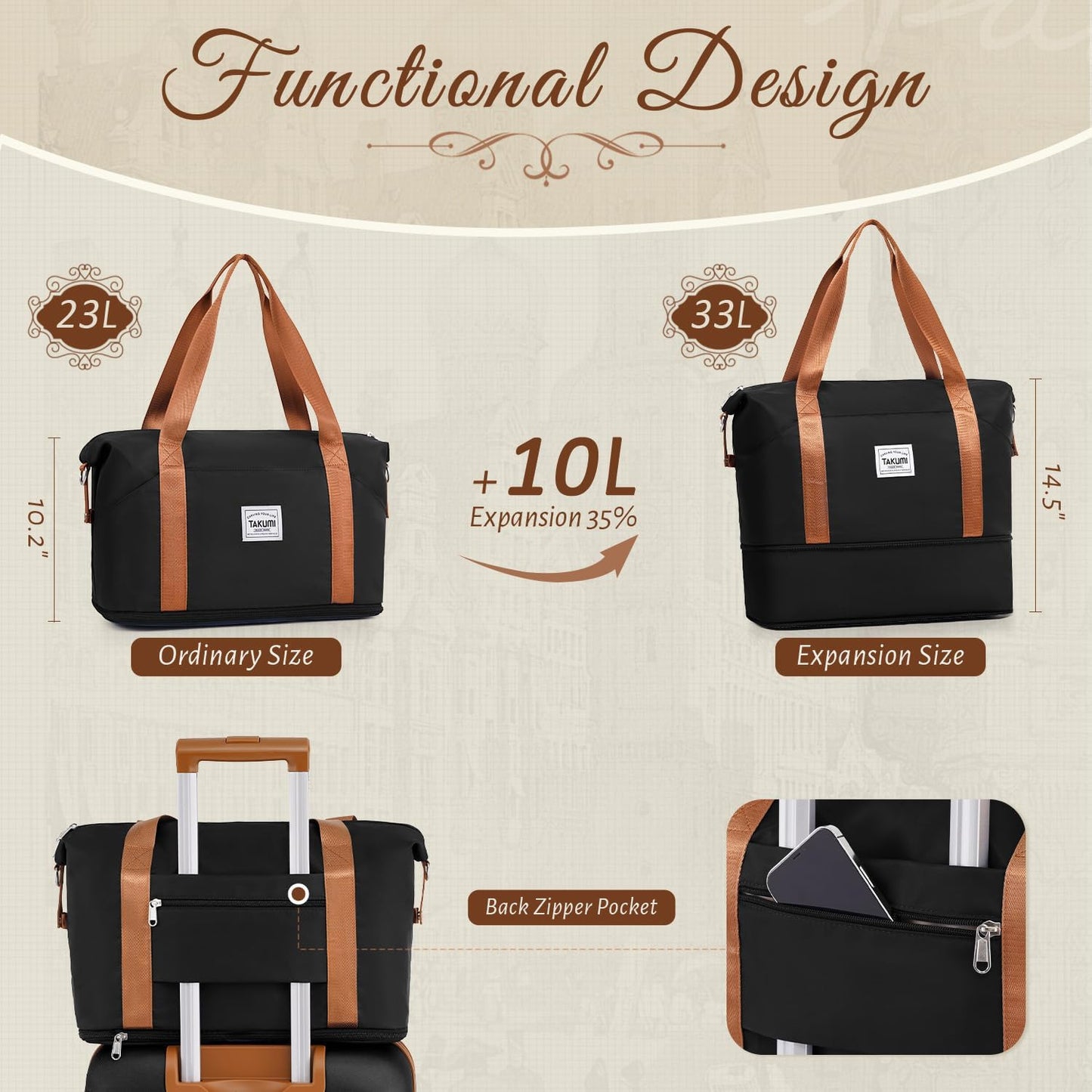 TAKUMI Carry On Luggage Set 3 Piece ABS+PC Hardshell Suitcases with Duffel Bag Double Spinner Wheels Travel Luggage with TSA Lock Lightweight Suitcase Set(BLACK BROWN, 3 PIECE SET(20/DB/TB))