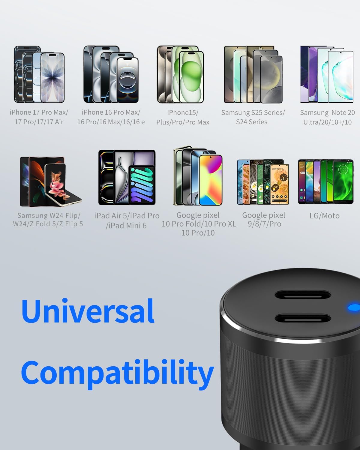 Dual 45W USB C Car Charger, 90W Max Super Fast Charging, All Metal 12V Cigarette Lighter Adapter for iPhone 17 Pro Max/16/15/iPad, Samsung Galaxy S25/S24, Google Phones with 2 Type C Cable 3.3ft Black