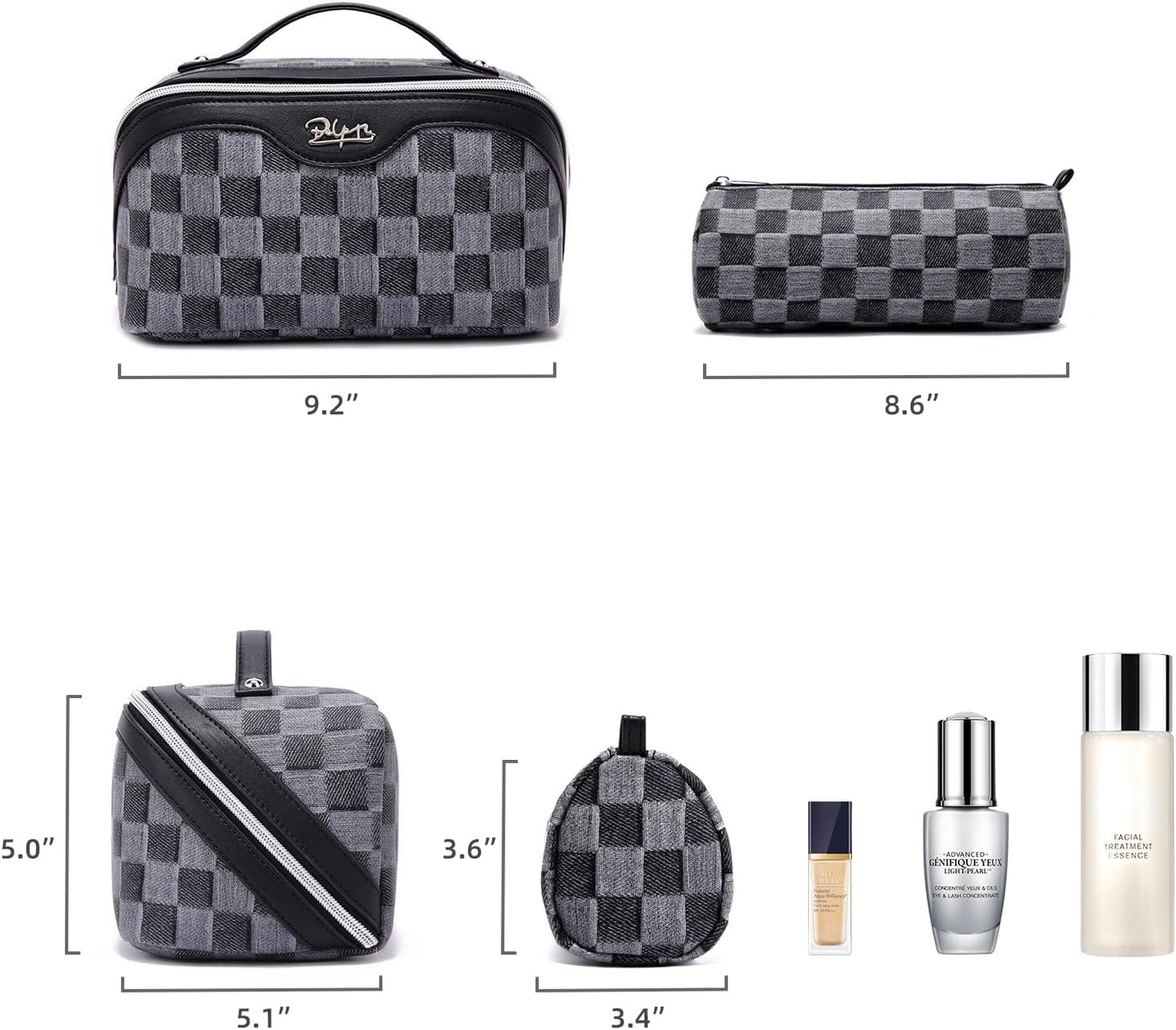 BOYATU Travel Makeup Bag for Women: Large Cosmetic Bag Set of 3 - PU Leather Make up Bag with Compartments - Compact Waterproof Toiletry Bag with Divider & Handle (D-2-Black)