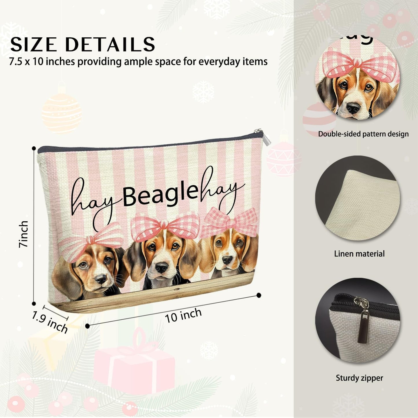 Coquette Pink Bow Beagle Makeup Bag Gifts for Women, Beagle Lovers Gifts Cosmetic Bag, Rustic Preppy Girly Dog Pink Striped Zipper Makeup Pouch Travel Toiletry Bag