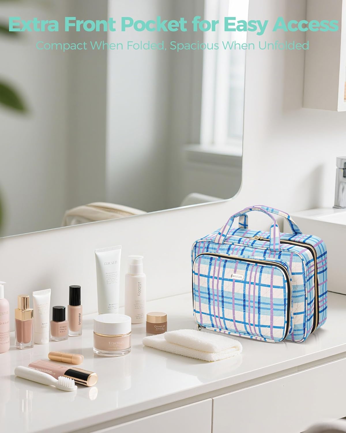 Travel Hanging Toiletry Bag for Women,Makeup Bag Cosmetic Organizer Waterproof with Hanging Hook Multiple Pockets for Women Travel Essentials Plaid Blue