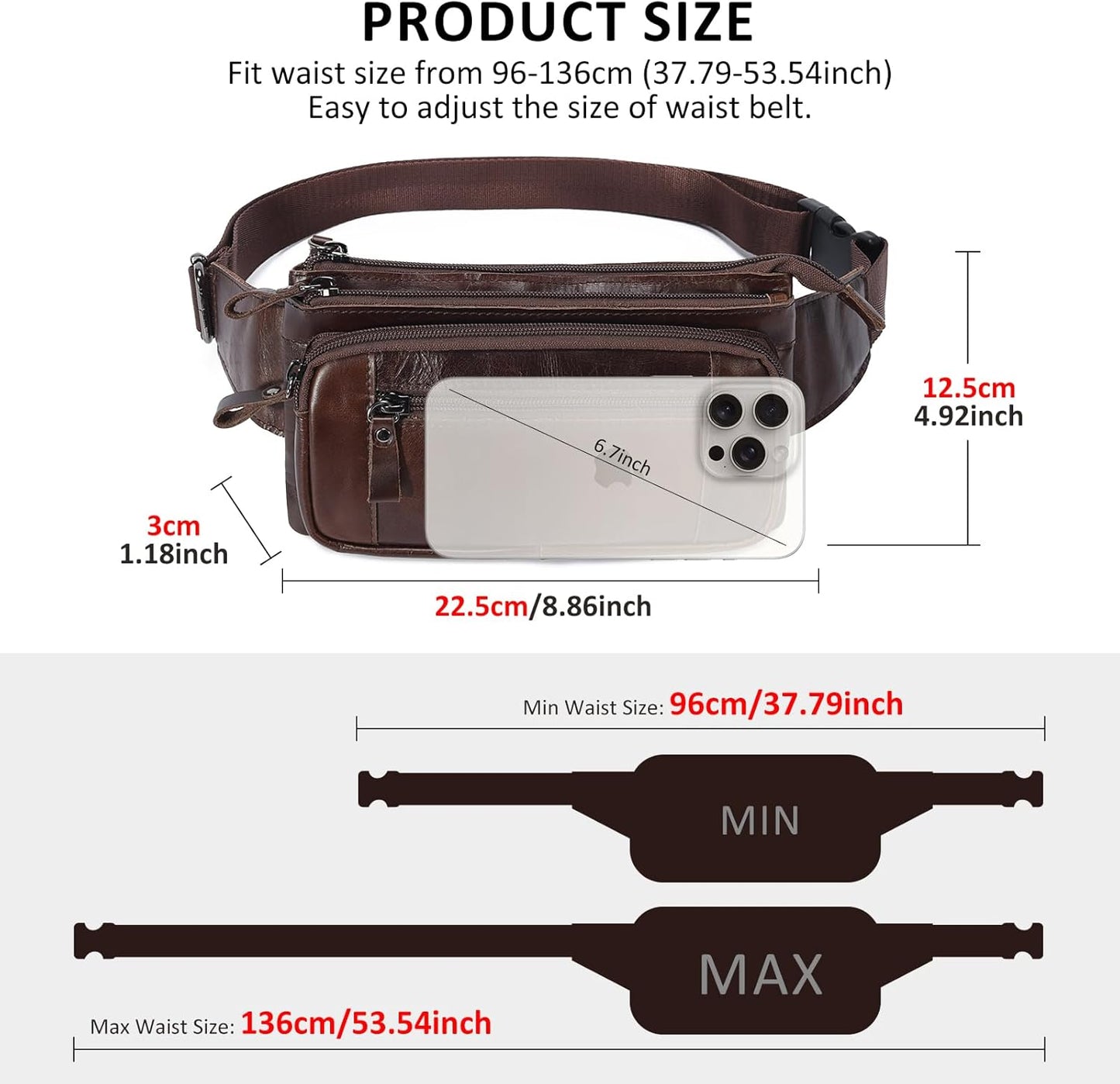 Leather Fanny Pack for Men Women, Belt Bag Fashion Waist Packs Small Crossbody Bag with Adjustable Strap for Travel Sport Walk (Coffee)