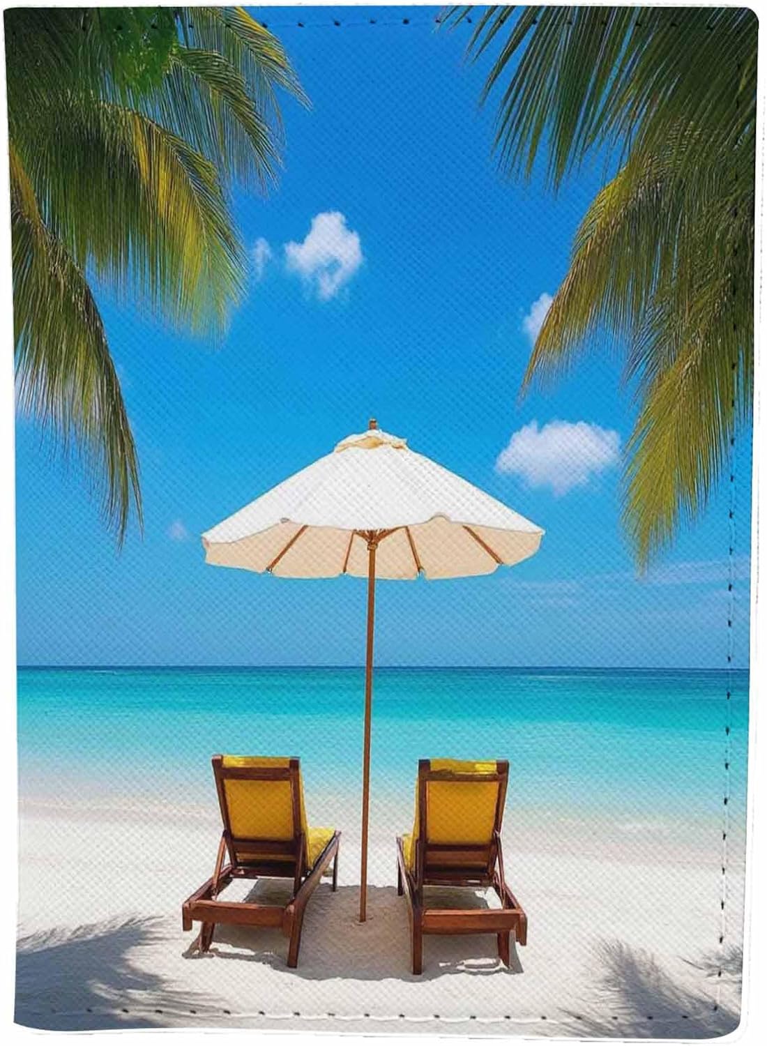Summer Beach Passport Holder for Travel Turquoise Sea Deckchairs White Sand Palms Sun PU Leather Passport Cover Wallet Cute Passport Card Holder for Women and Men