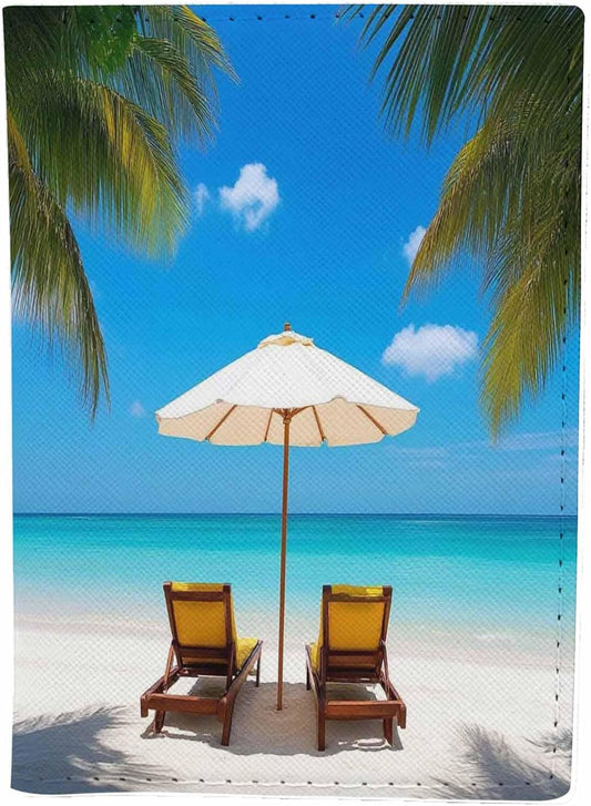 Summer Beach Passport Holder for Travel Turquoise Sea Deckchairs White Sand Palms Sun PU Leather Passport Cover Wallet Cute Passport Card Holder for Women and Men