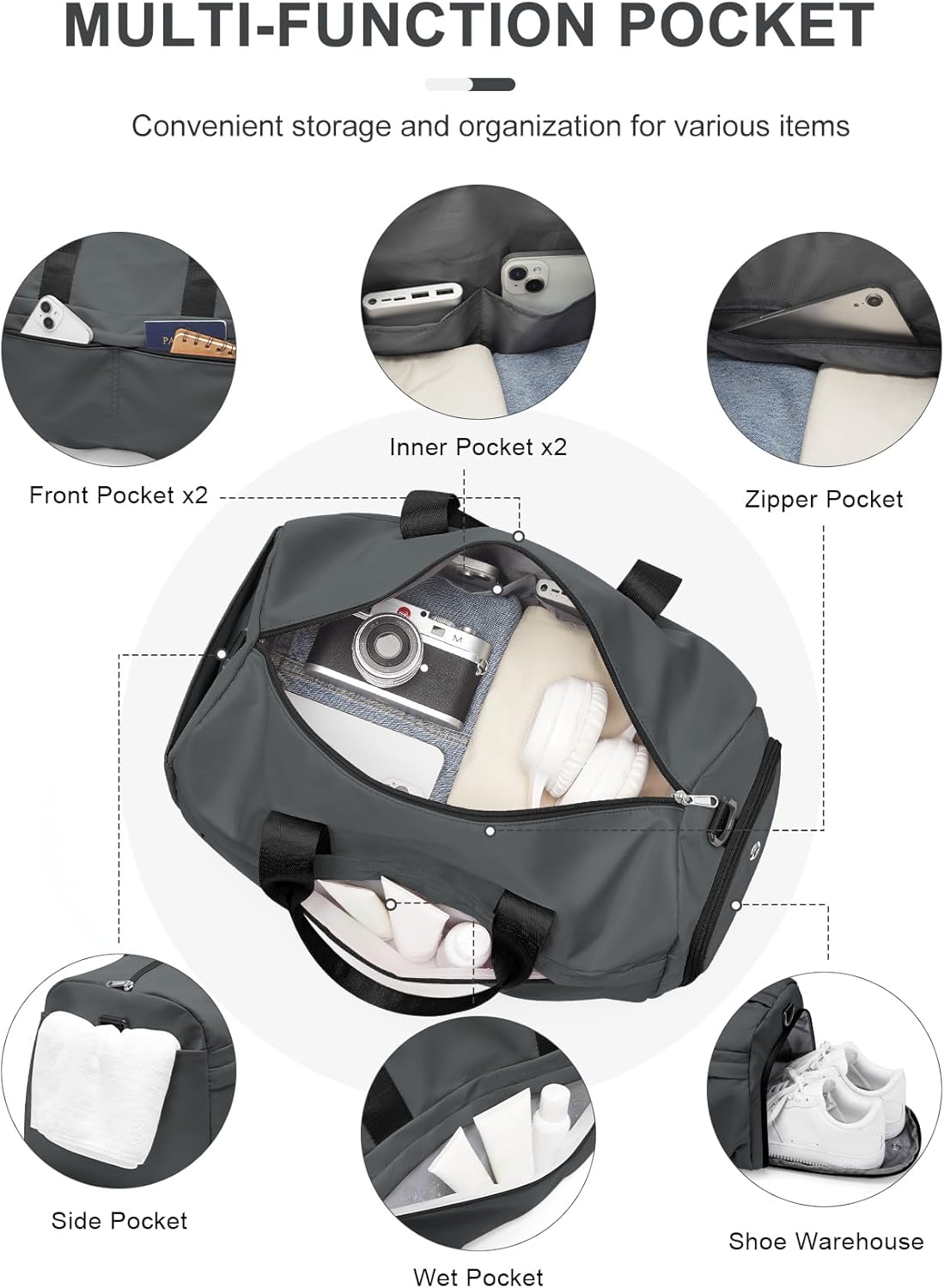 Gym Duffle Bag with Shoe Compartment for Women Men Sports Workout Carry on Weekend Overnight Bag, Grey
