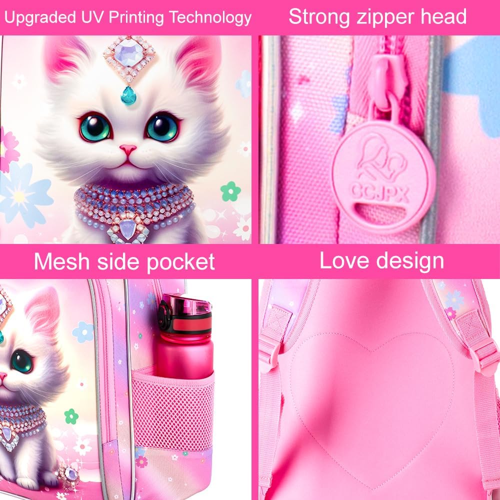 3PCS Girls Cat Backpack, Water Resistant Kids Bookbag Set with Lunch Box，Cute Elementary School Bag for Preschool Toddler