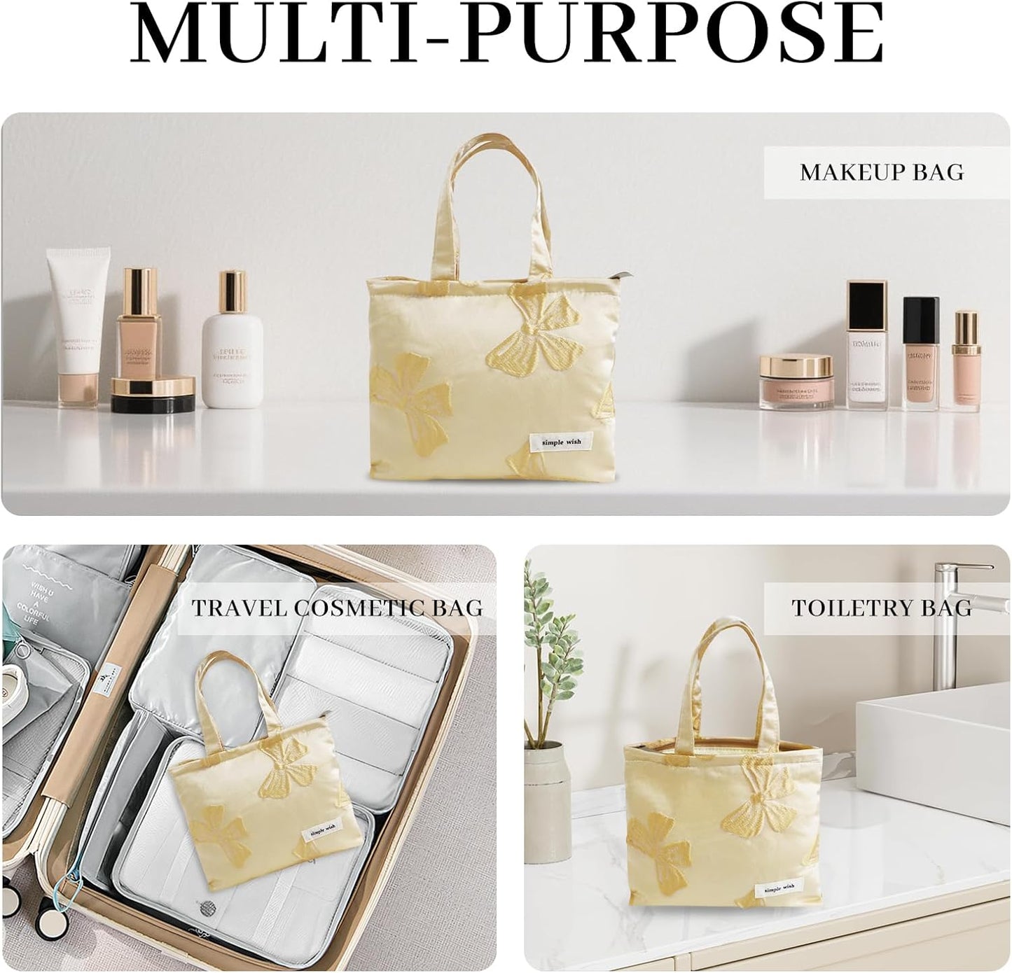 Wudygirl Makeup Bag Travel Cosmetic Bag for Women Small Makeup Pouch with Handle Zipper Cosmetic Pouch Handbag Aesthetic (Yellow Bow)
