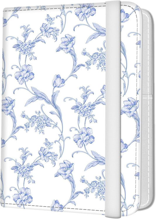 Passport Holder for Travel Essentials, Leather RFID Blocking Passport Wallet Cover Case, Cute Passport Book Holders for Women and Men Blue White Flowers