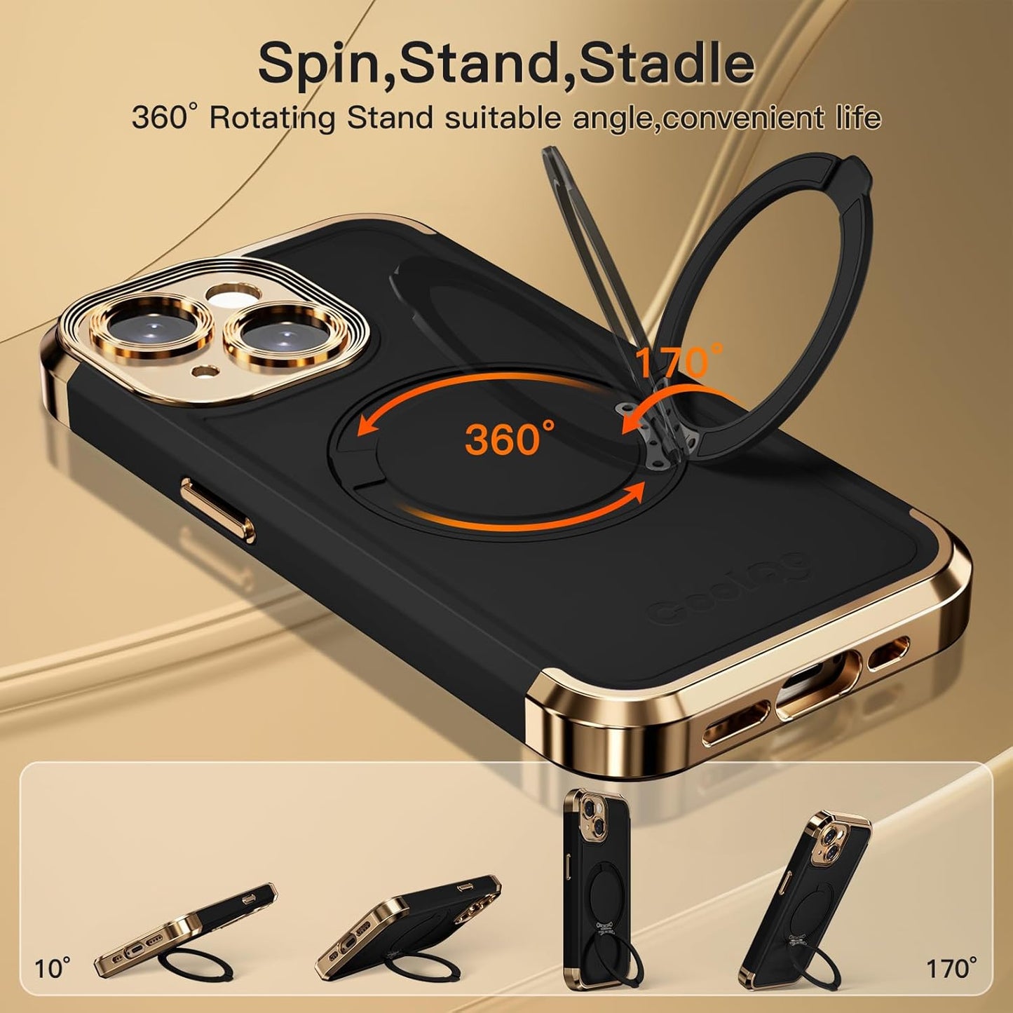 COOLQO for iPhone 14 Case 6.1'' Upgraded 360° Spin Magnetic Stand [Compatible with Magsafe][Military Grade Drop Protection] Shockproof Protective Phone Holder Cover for iPhone 14, Black Gold