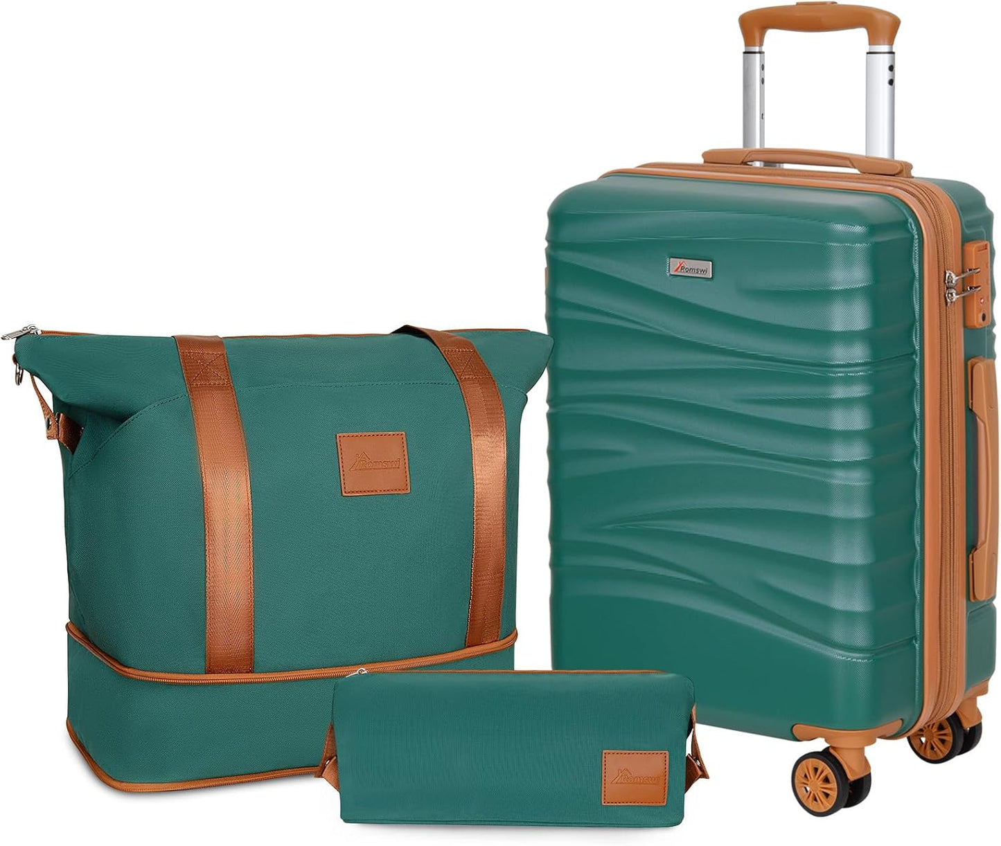 Romswi Luggage Set 3 Piece, Hardside 20 inch Carry On Luggage Airline Approved ABS+PC Suitcase with 22inch Duffel Bags, Green, Luggage Set (DB/TB/20) with Dual Spinner Wheels TSA Lock