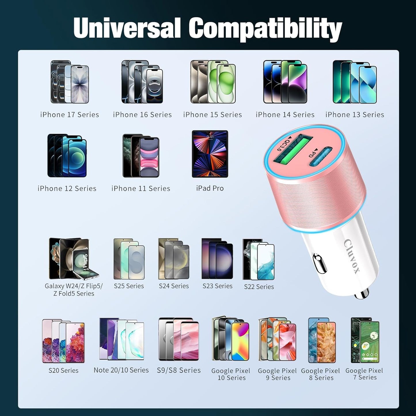 38W USB C Car Charger Adapter, 20W Fast USB-C & 18W Rapid QC3.0 Ports, 12V Cigarette Lighter Adapter for iPhone 17/16 /15, Google Pixel, Samsung, Android Phones Auto Accessories for Men - Pink