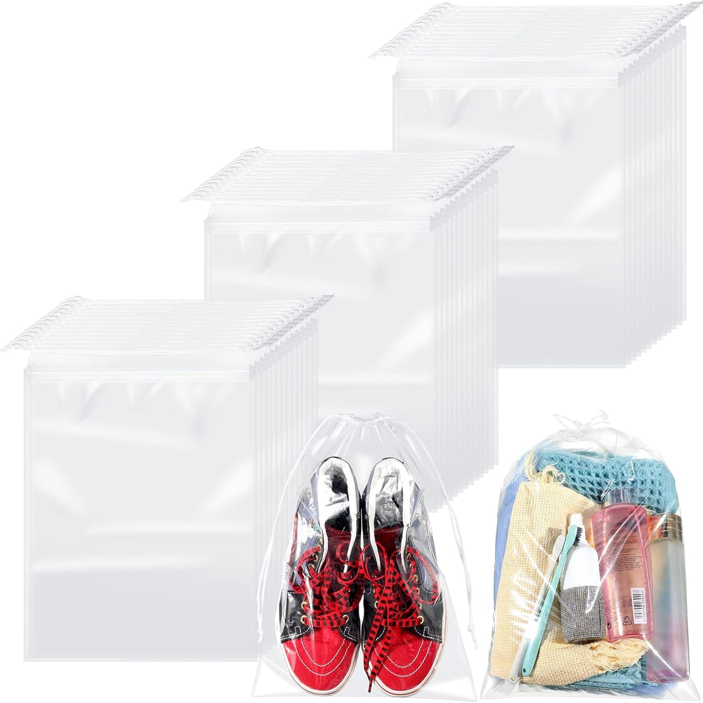 Thenshop 100 Pieces Plastic Shoe Bags for Travel Large Clear Drawstring Bags 12 x 16 Inch Travel Shoe Organizers Thick Waterproof Storage Portable Pouch with Rope for Slipper Men Women