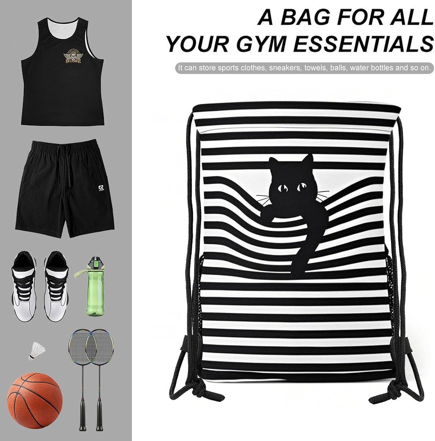 Cat Drawstring Backpack Gym Bag With Shoe Compartment String Bag Sport Beach Swimming Sackpack For Women Men