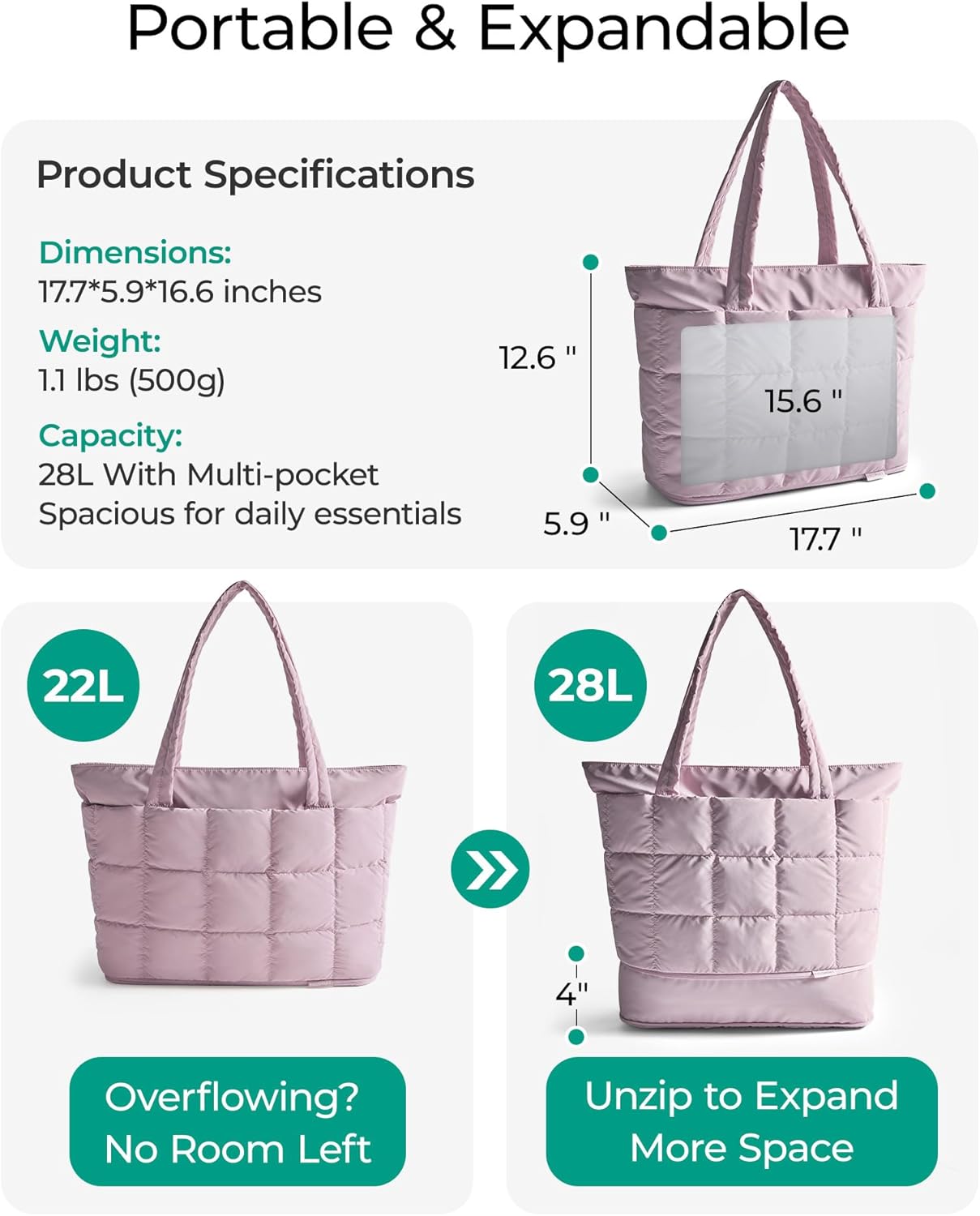 BAGSMART Expandable Tote Bag for Women, Puffer Work Tote Handbag, Quilted Carry-On Travel Gym Bag