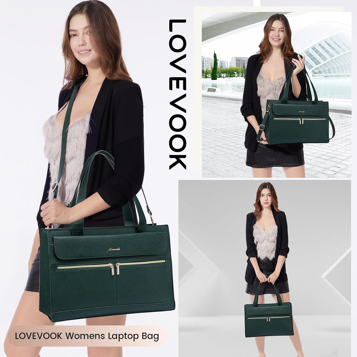 LOVEVOOK Laptop Bag for Women 15.6 Inch Tote Work Professional Leather Computer Briefcase Waterproof Handbag Shoulder Large Capacity Business Teacher Office Crossbody Purse, 131# Dark Green