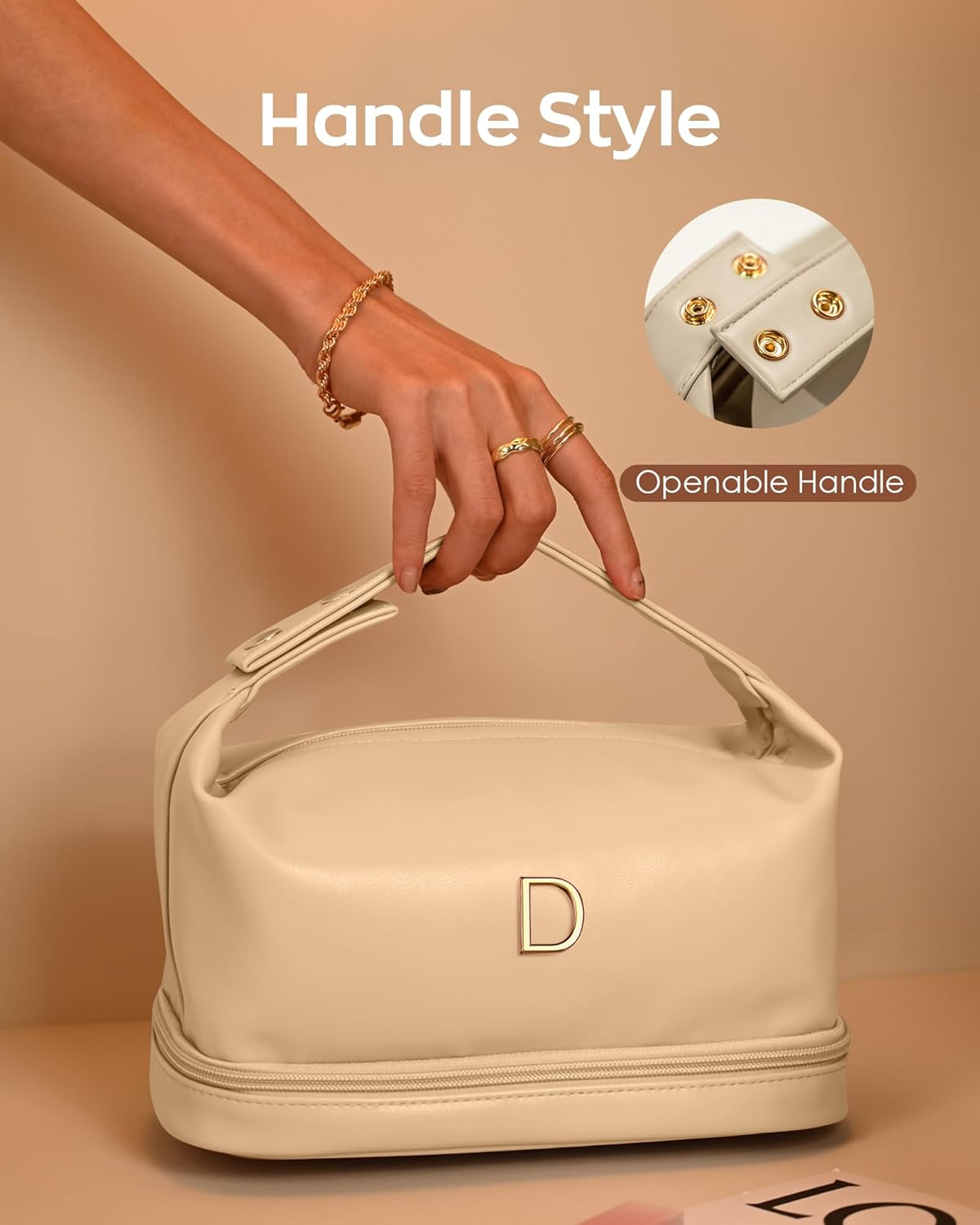 Makeup Bag with Handle, Waterproof Double Layer Cosmetic Bag, Large Capacity PU Leather Makeup Bags