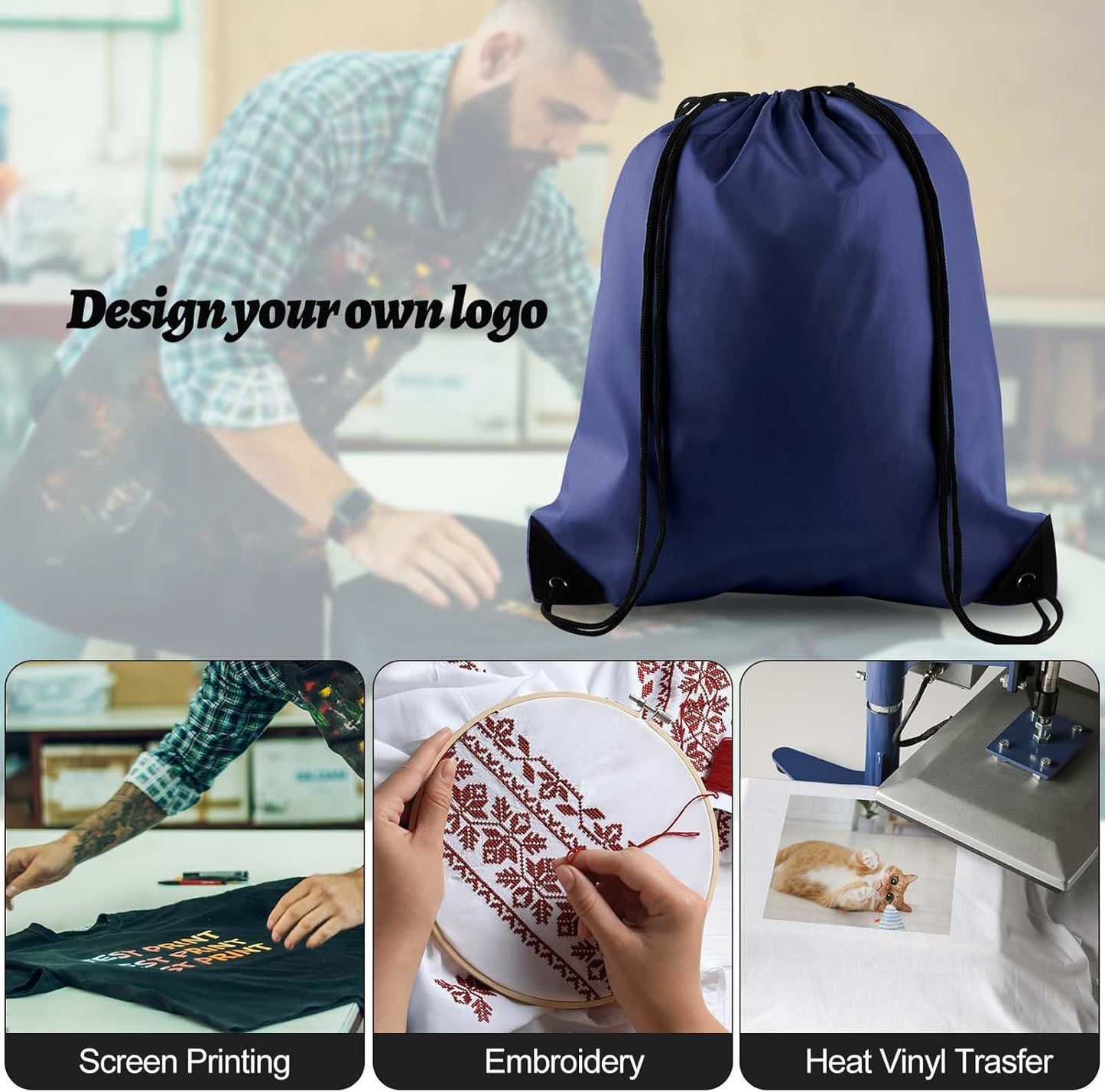 PLULON 15 Pcs Navy Blue Drawstring Bags Drawstring Backpack Bulk, String Backpack Cinch Sack Sport