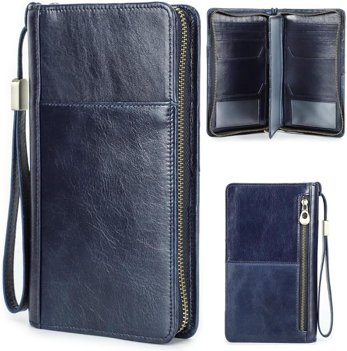 Unisex Genuine Leather Wallet Large Capacity RFID Blocking Passport Holder with Multiple Card Slots (Blue)