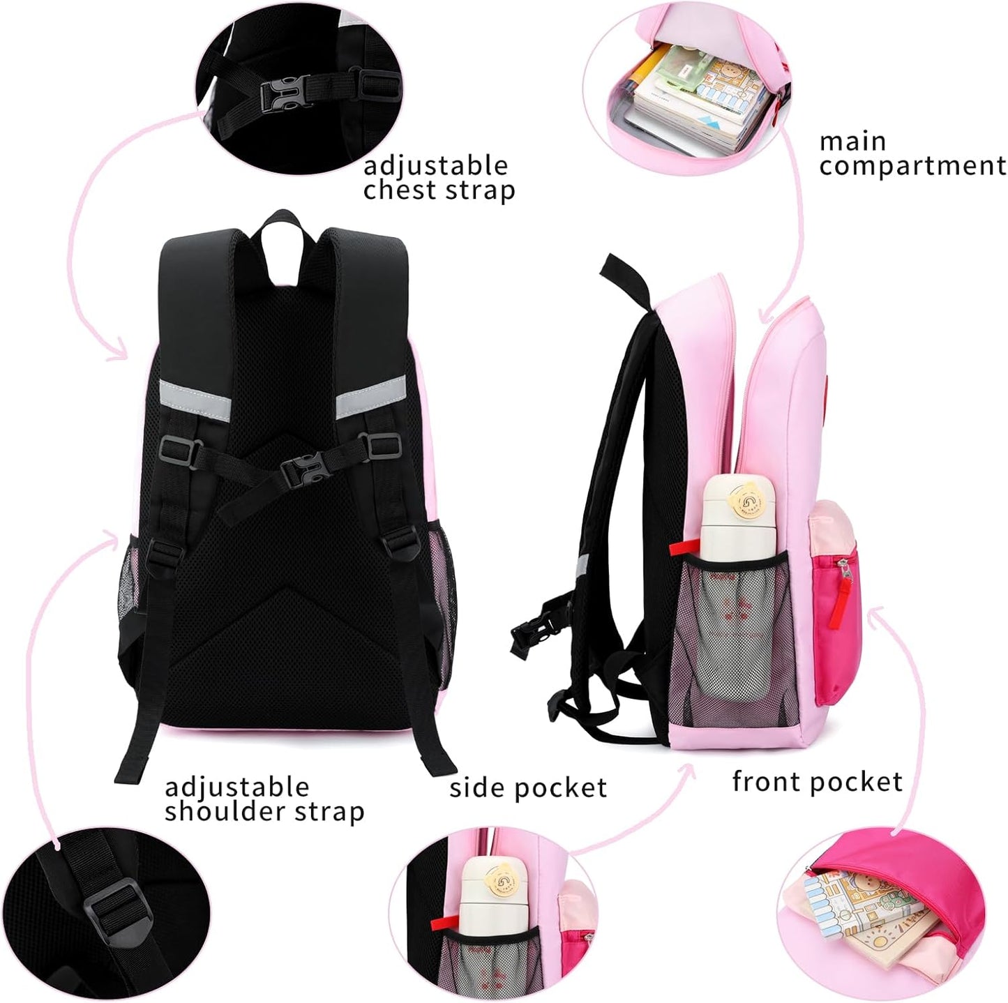 Backpack Set for Girls Boy Kids Backpack with Lunch Box for Elementary Primary Kindergarten School Bag (Purple Pink Set, Large)