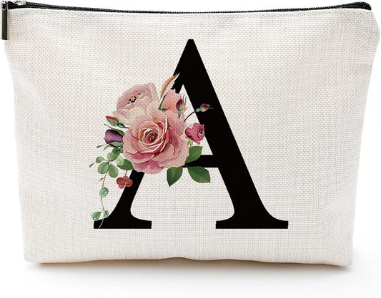 Initial A-Z Personalized Letter Makeup Bag, Monogrammed Bridesmaid Gifts/Presents Cosmetic Bag, Portable Stationery Storage Organizer Pouch, Friendship Love Travel Makeup Bags