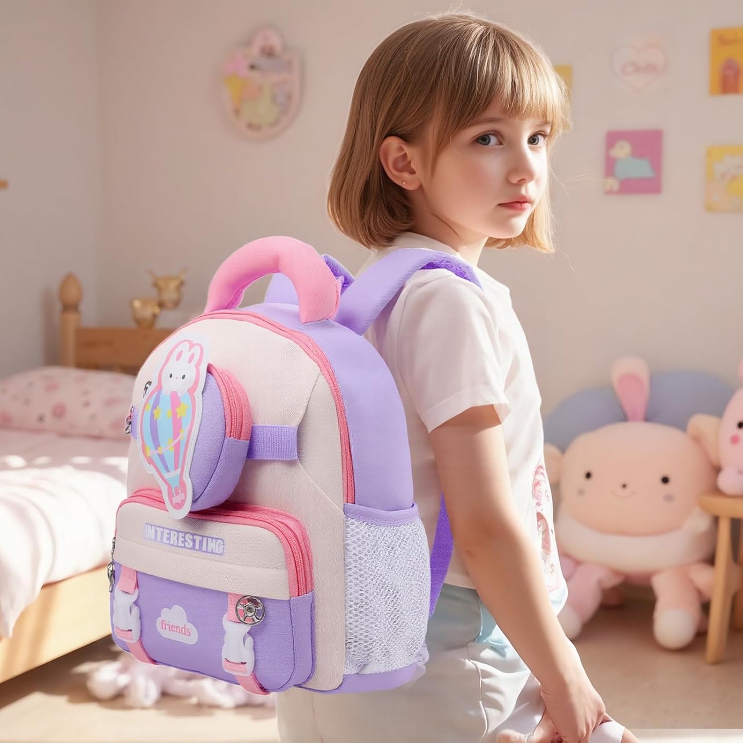Toddler Backpack for Girls 2-4 Preschool Kindergarten Backpack 12in mini Cute Kids Bags with Detachable Waist Bag, Pink and Purple