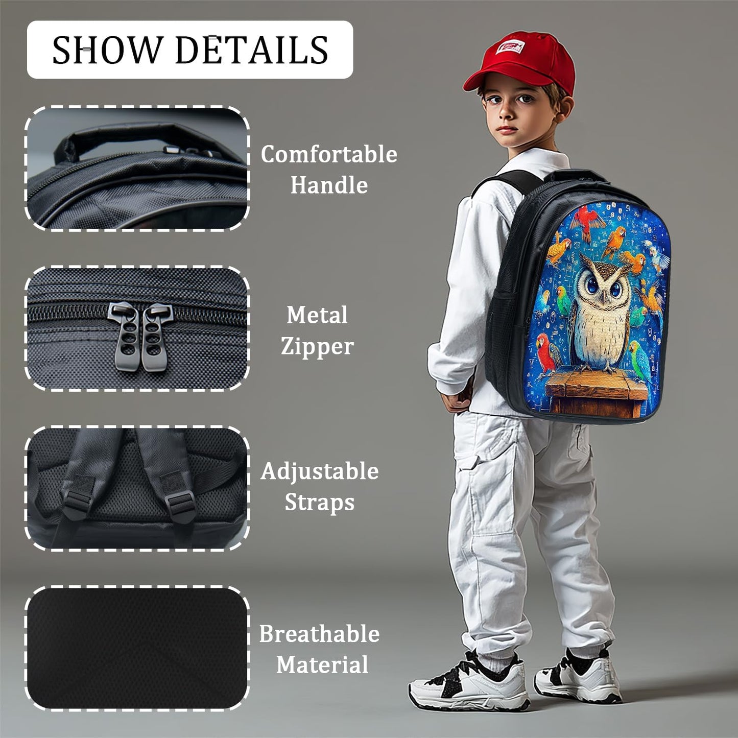 Owl Backpack School Bag 3PCS Backpack 16 Inch with Lunch Bag Set Lightweight for Teen Boys Girls Kids Elementary Middle School