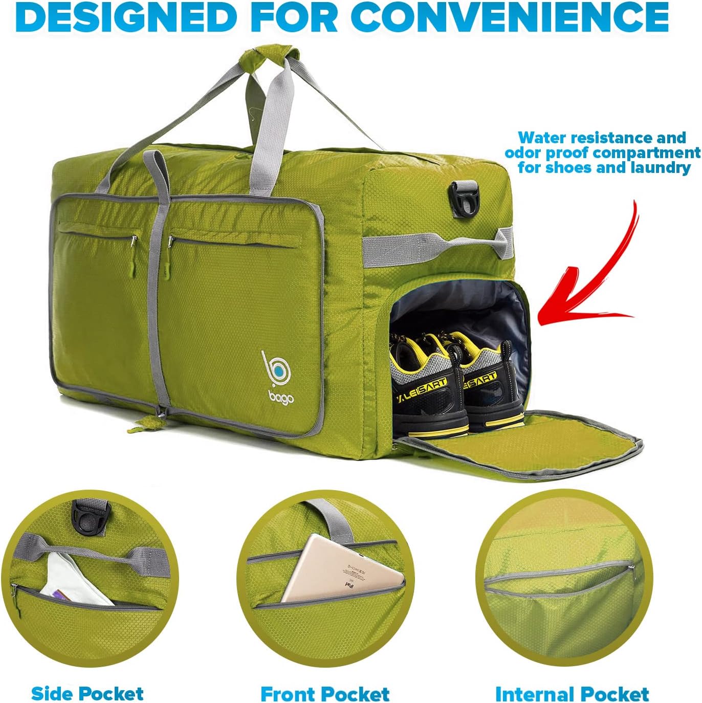 Bago Large Foldable Duffel Bags for Traveling Women & Men - 100L Packable Duffle Bag for Travel with Shoe Compartment - Water Repellant, Heavy Duty, Lightweight Folding & Collapsible (Green)