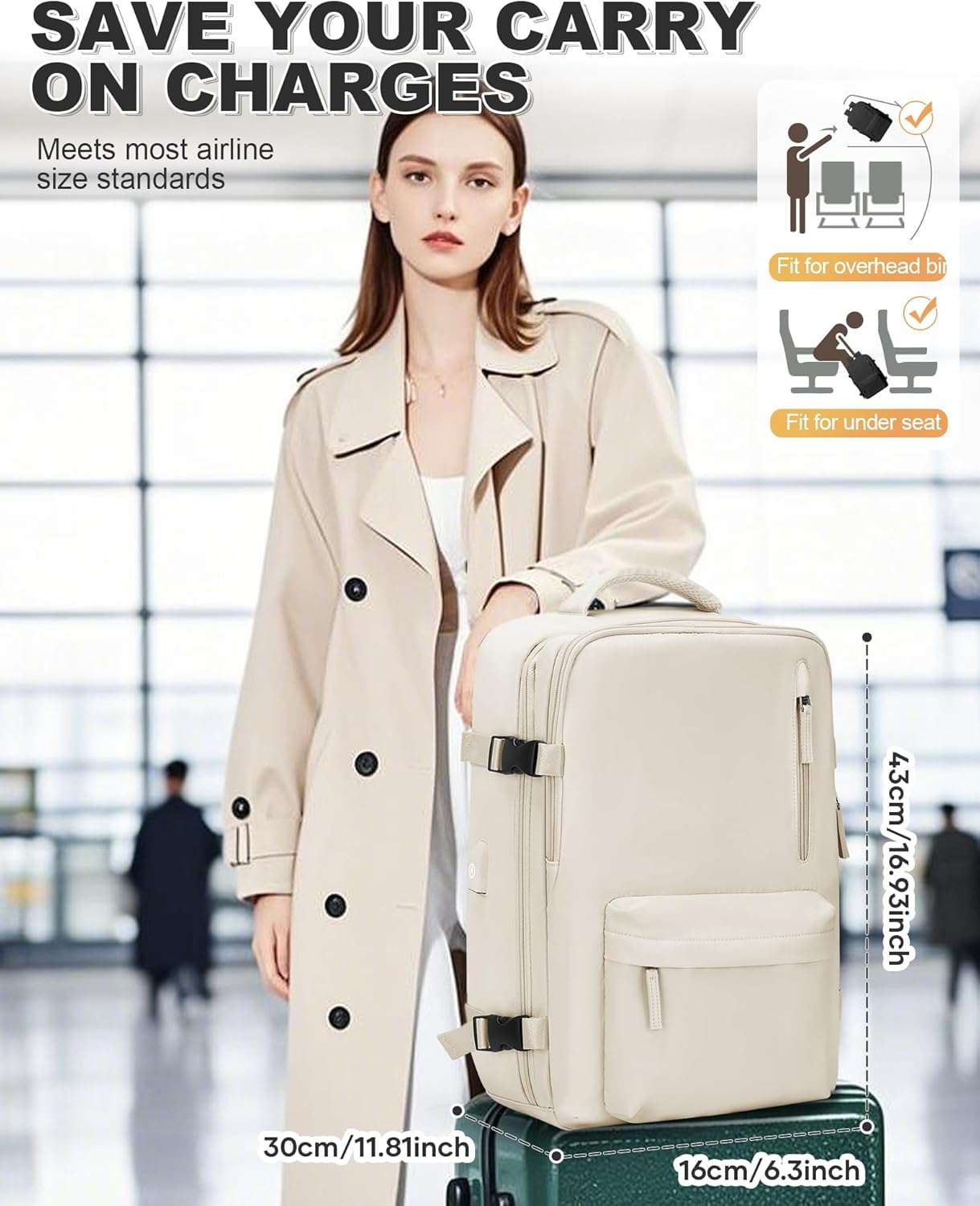 VGCUB Small Travel Vacpack Backpack with Vacuum System Carry on Storage Compression Personal Item Bags with Electric Pump Work Business College Waterproof Backpack for Women Men Beige