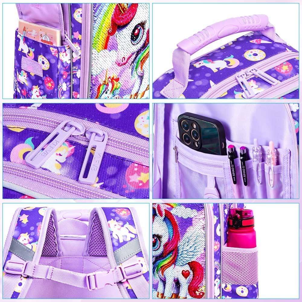 KLFVB 3PCS Cat Uni Dinosaur Backpack for Girls and Boys, 16" Kids Bookbag and Lunch Box, Preschool Backpacks for Elementary