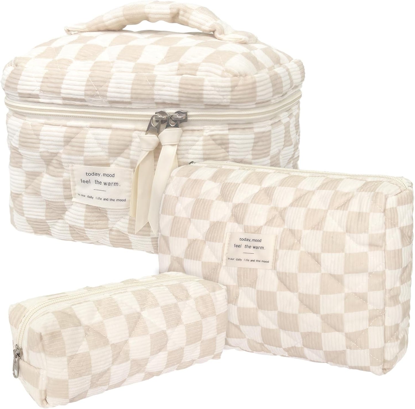 Quilted Cosmetic Bag Large Capacity Travel Cosmetic Bag for Women and Girls Aesthetic Storage for Daily and Travel Use (3pcs-browncheckered)