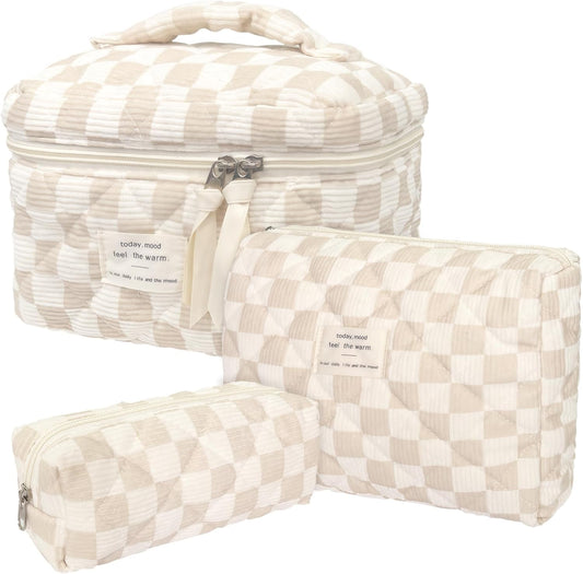 Quilted Cosmetic Bag Large Capacity Travel Cosmetic Bag for Women and Girls Aesthetic Storage for Daily and Travel Use (3pcs-browncheckered)