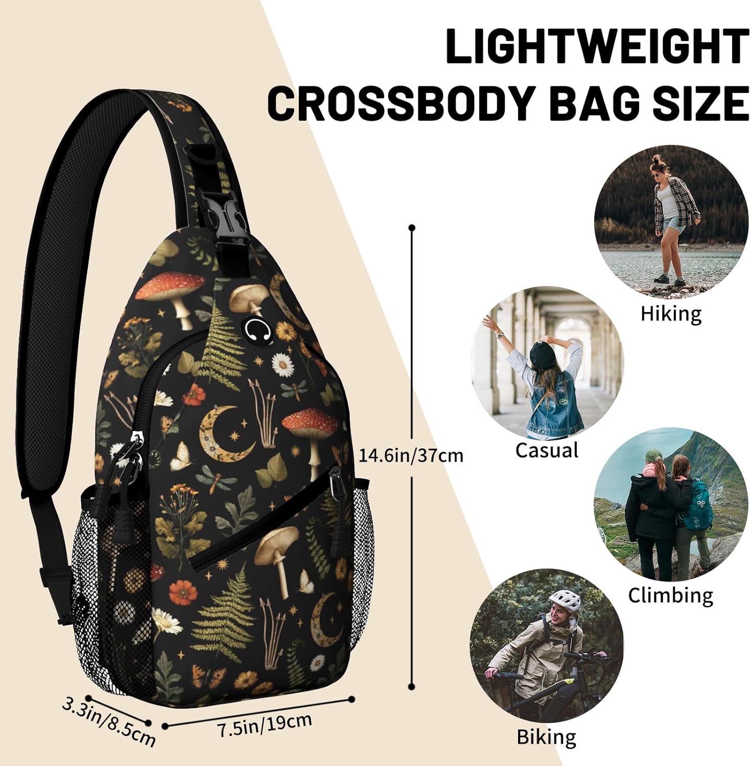 Black Mushroom Plant Sling Bag Crossbody Chest Bag for Women Men, Water Resistant Lightweight