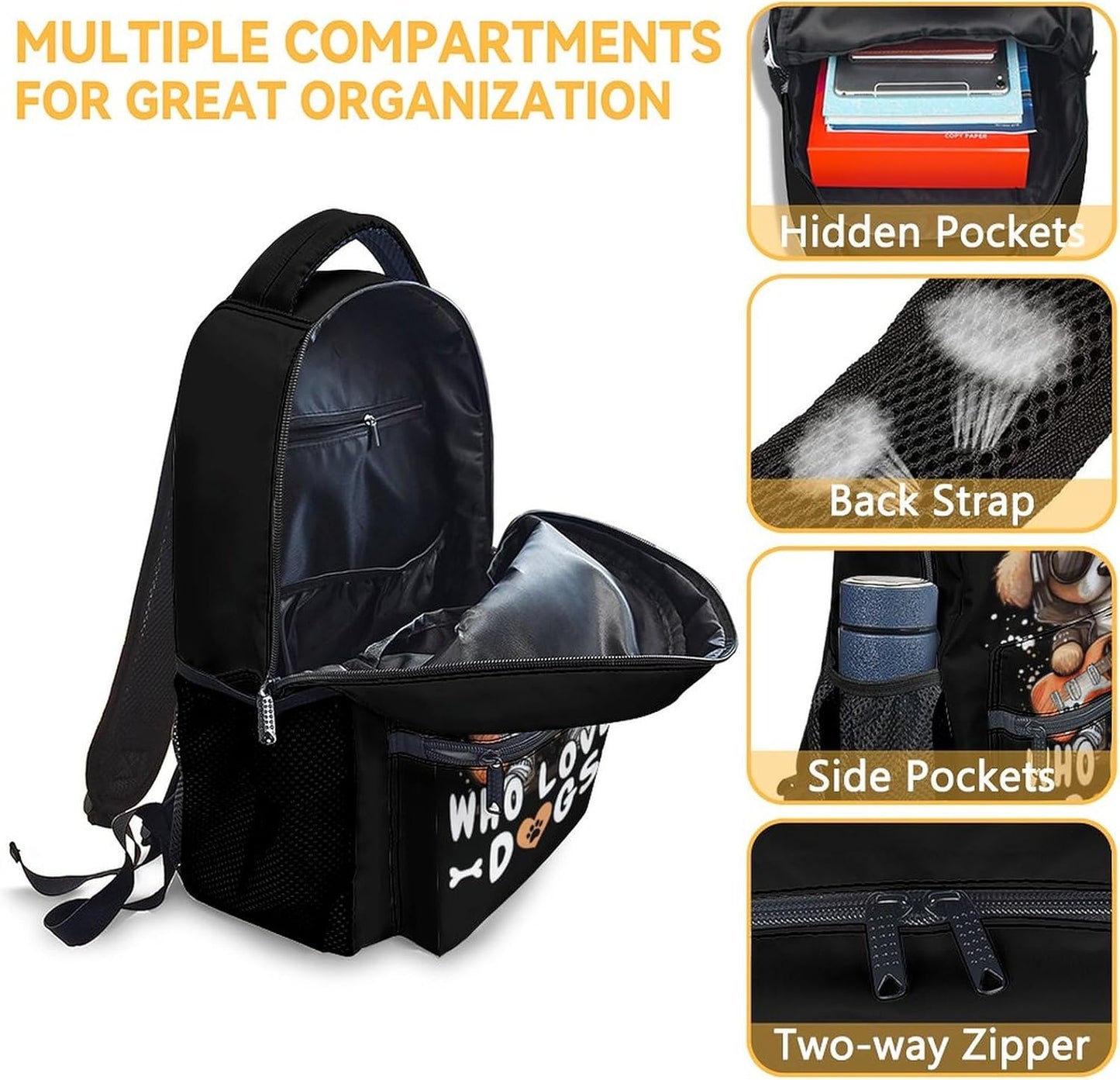 Dog Backpack with Lunch Box, Set of 3 School Backpacks Matching Combo, Cute Black Bookbag and Pencil Case Bundle