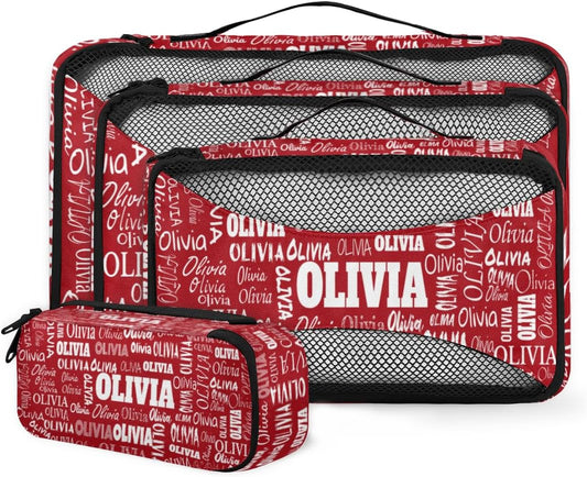 Custom Name 4 Pcs set travel luggage organizer Mesh Travel Essentials for Suitcases, Red