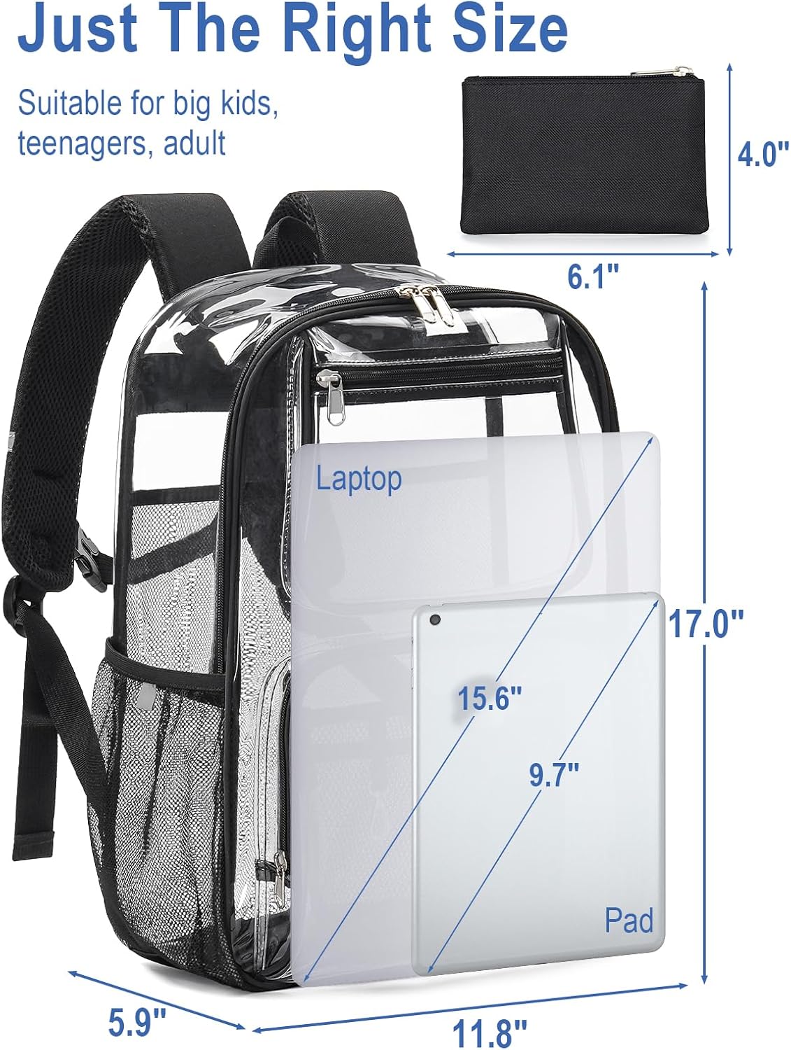 Heavy Duty Clear Backpack For Kids Women Men Boys Girls, 17 Inch Large See Through Backpack, Clear Bookbag With An Extra Pouch Accessories, Transparent Bag For School College Sport Work, Black