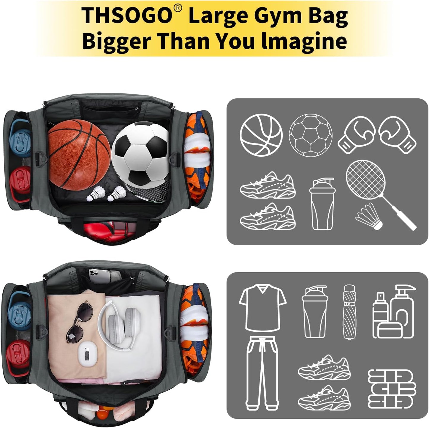 22 inch Gym Bag for Men - 55L Large Travel Duffle Bag Sports Equipment Bag with Multiple Zippered Pockets,Outdoor Workout Duffle Bag for Overnight Weekend - Dark Grey
