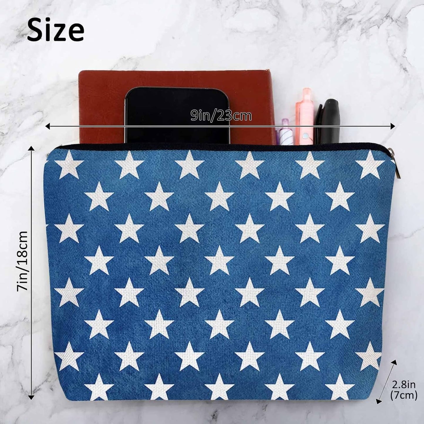 Makeup Bag USA Flag Stars Makeup Bags For Purse Pouch, Vintage American Flag Stars Navy Blue Travel Toiletry Bag Cosmetic Bag Makeup Bags Flax Makeup Organizer Bag Pencil Pouch For Man Woman