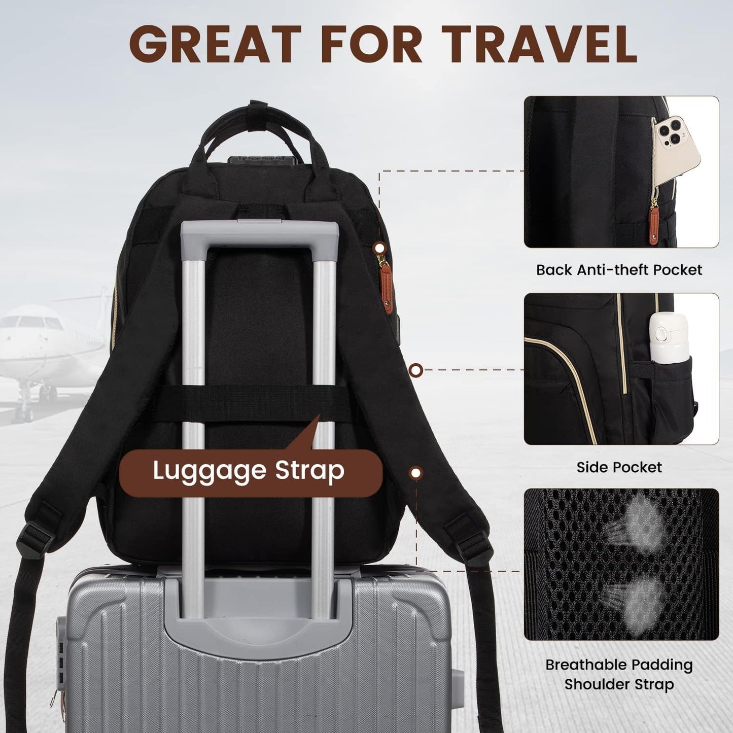 LOVEVOOK Laptop Backpack for Women, Unisex Travel Anti-theft Bag, Business Work Computer Backpacks Purse College Backpack for Men, Casual Hiking Daypack with Lock, 15.6 Inch, Black