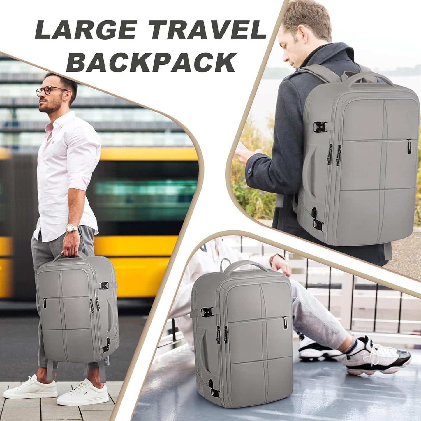 Carry On Backpack, Travel Backpack Flight Approved with USB Charging Port, 55L Expandable Weekender Daypack Overnight Fits 18.4 Inch Laptops Suitcase Bag, Grey