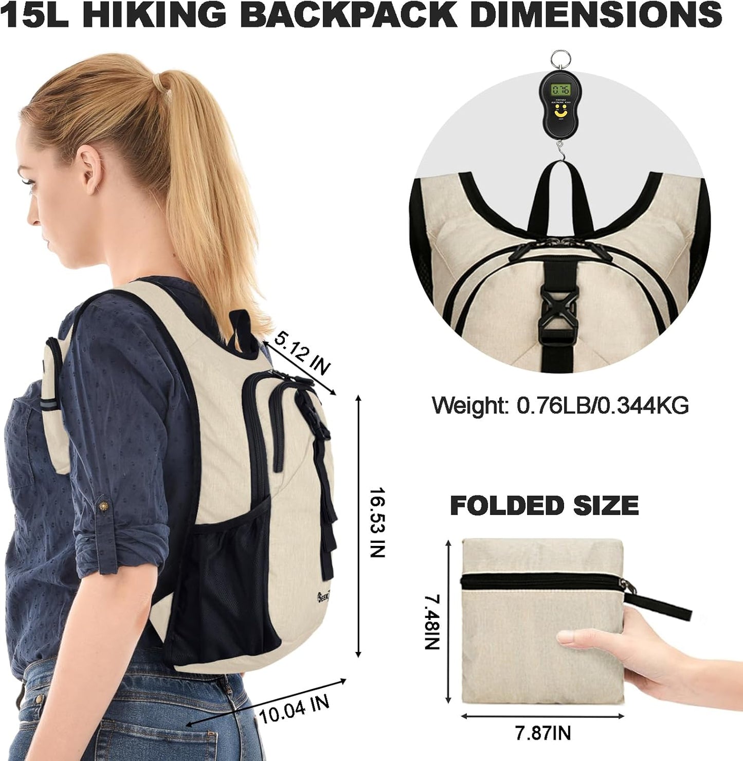 Seektop 15L Small Hiking Backpack for Women Men, Lightweight Hiking Packable Daypack with Phone