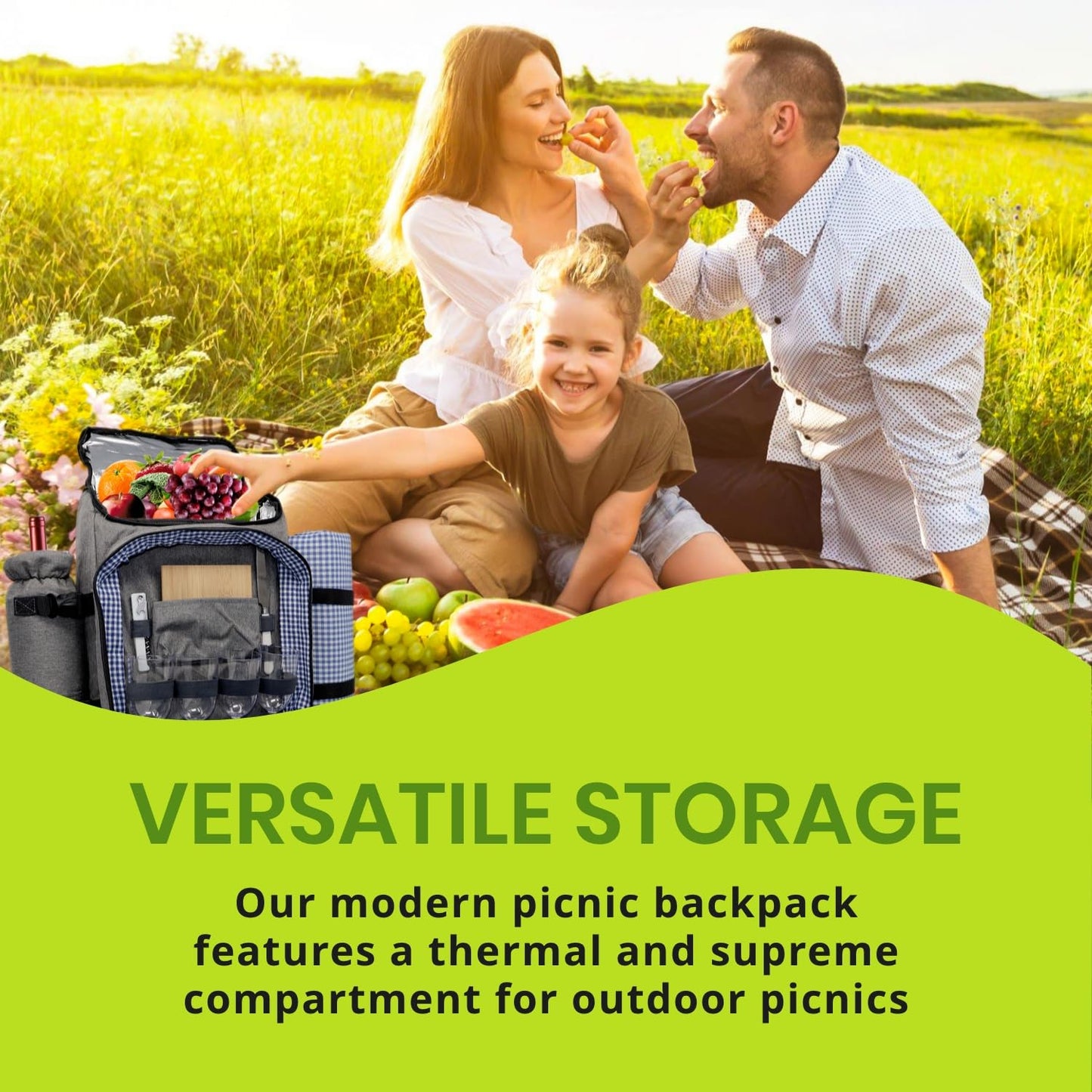 Nature Gear Picnic Backpack for 4, Insulated Picnic Set with Dinnerware, Wine Cooler, Blanket &