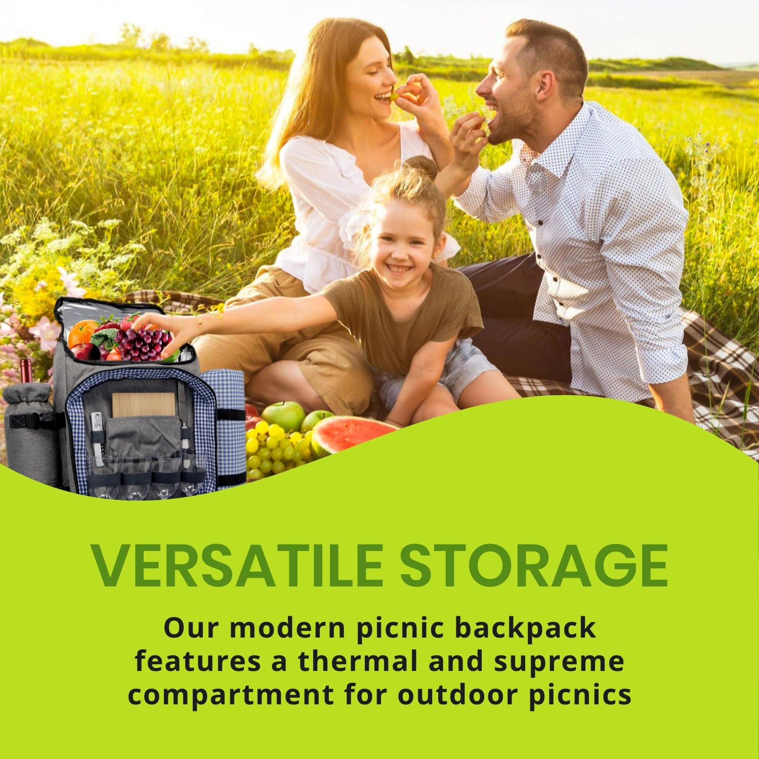 Nature Gear Picnic Backpack for 4, Insulated Picnic Set with Dinnerware, Wine Cooler, Blanket &