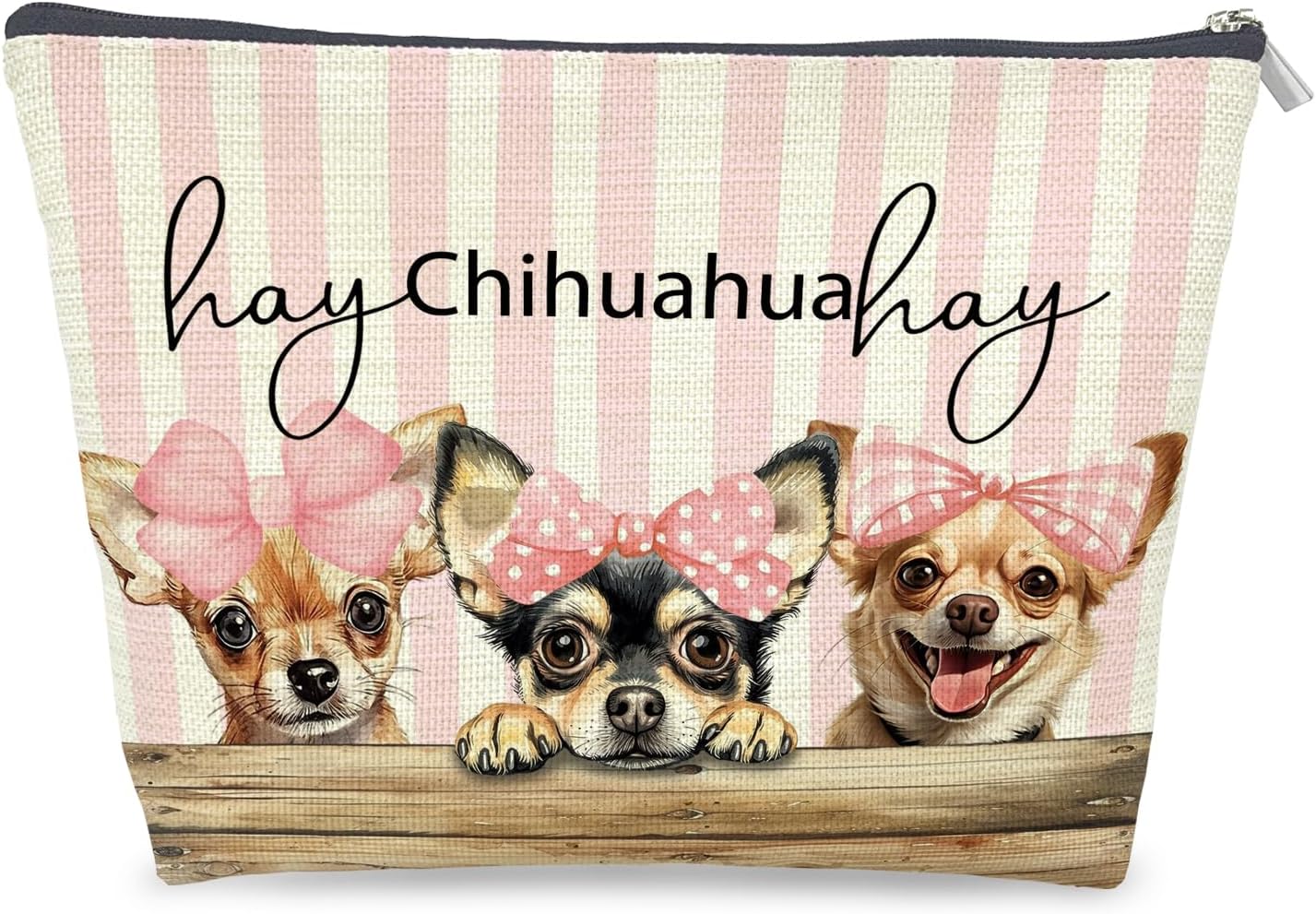 Coquette Chihuahua Makeup Bag Gifts for Women, Preppy Pink Bow Chihuahua Cosmetic Bag, Girly Dog Pink Striped Zipper Makeup Pouch Travel Toiletry Bag