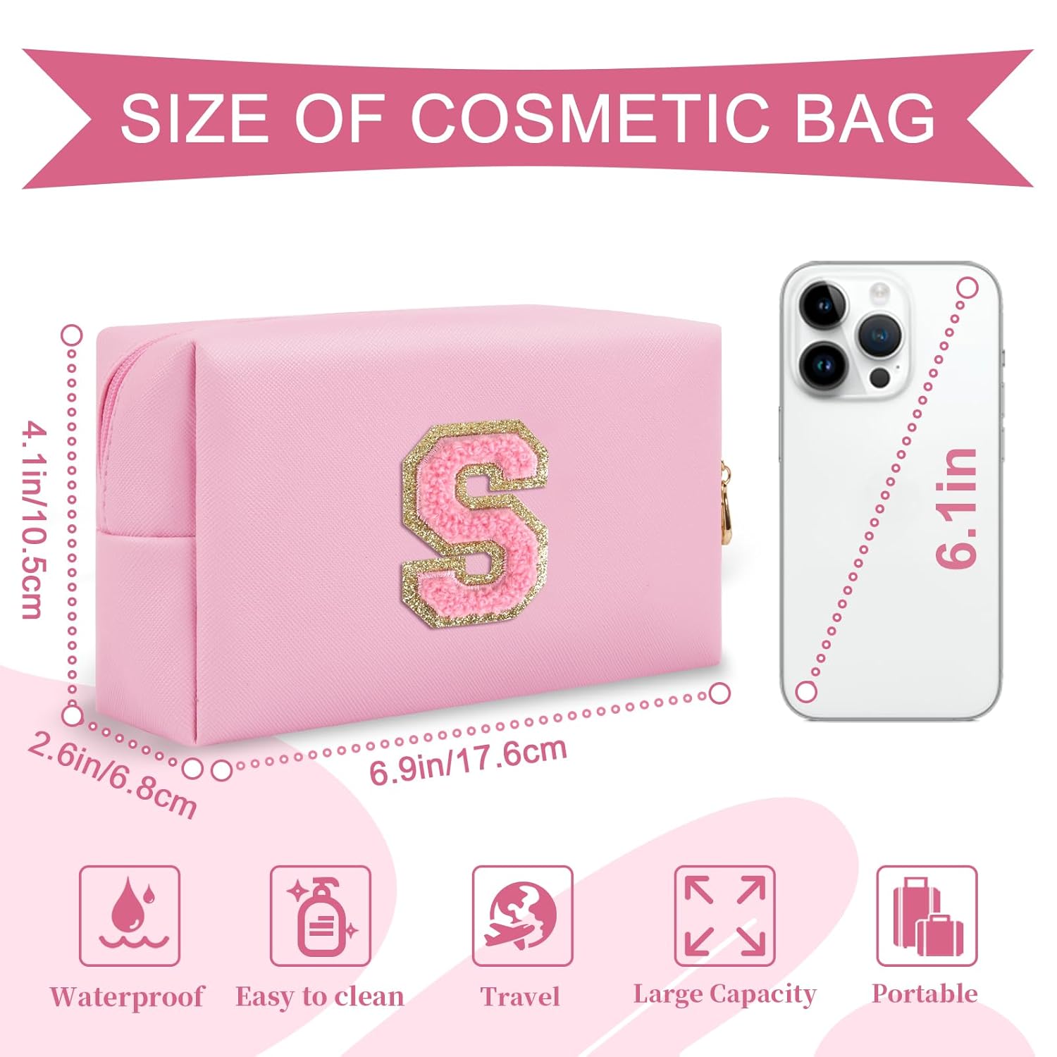 Personalized Initial A-Z Preppy Patch Makeup Bag,Small PU Leather Chenille Letter Cosmetic Bag with