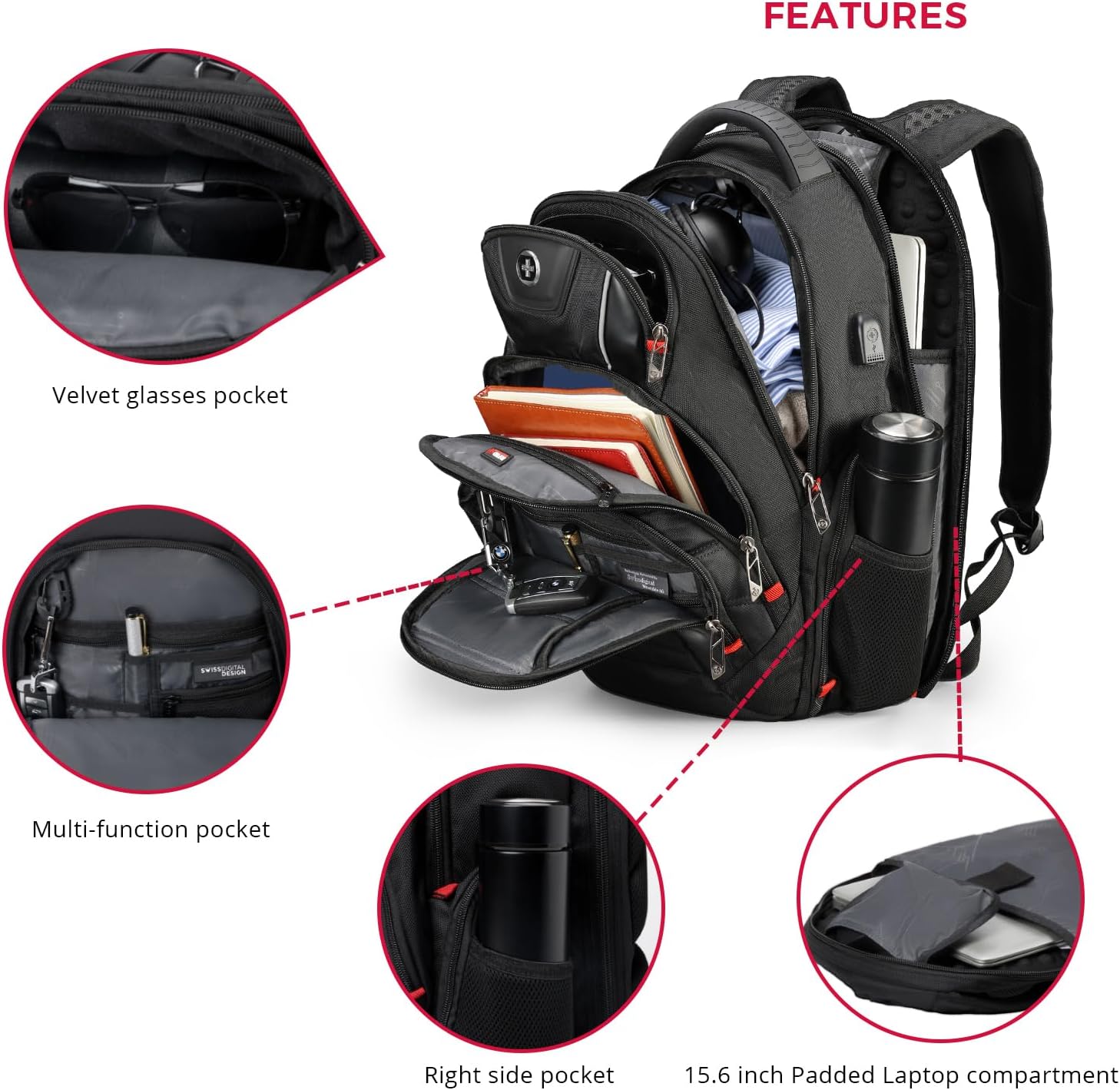 Swissdigital Design Travel Backpack for men, TSA Friendly USB Charging RFID Protection Business