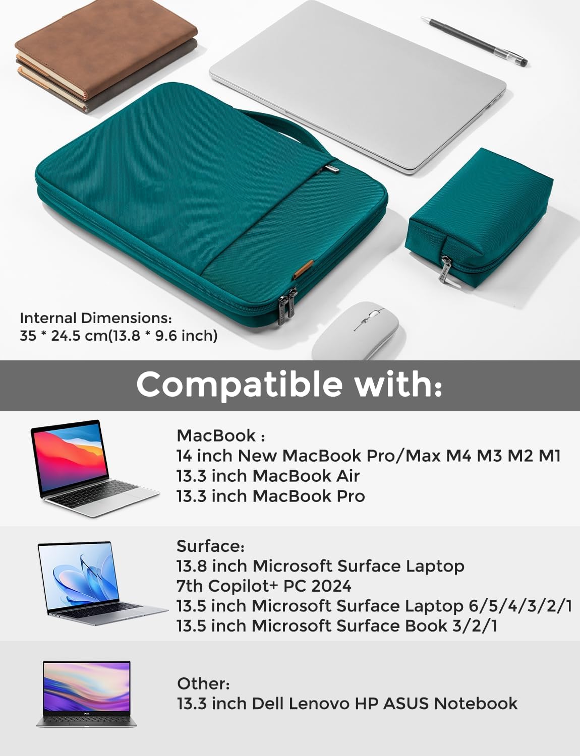 DOMISO Laptop Case Laptop Sleeve Cover for 14 inch MacBook Pro M4/M3/M2/M1 Pro/Max, Compatible with 13.3 inch HP Dell ASUS Notebook, Water-Resistant Bag with Scalable Handle and Small Case,Turquoise