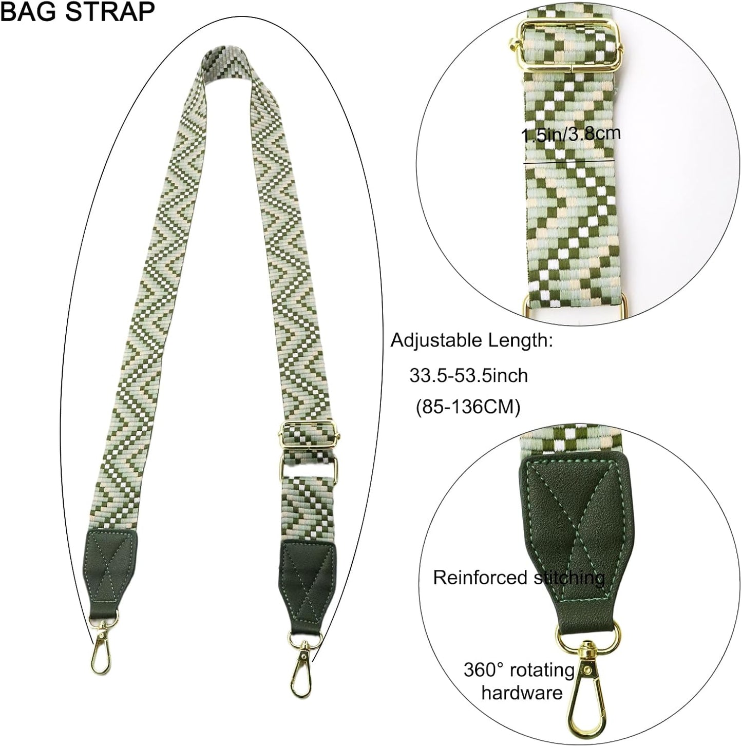 Adjustable Purse Strap with Green Leather End - 1.5" Wide Handbags, Camera, Guitar, Phone &