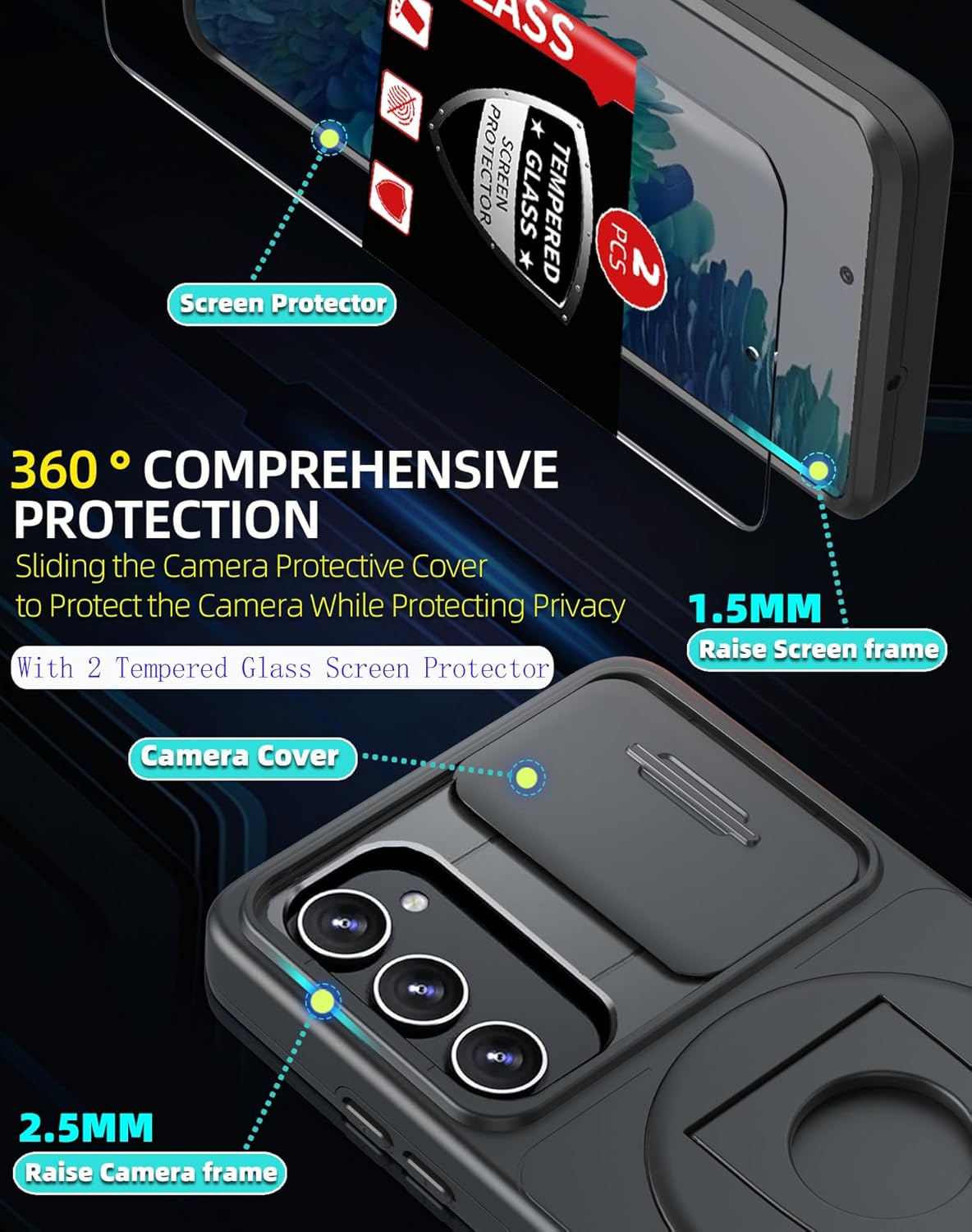 for Samsung Galaxy S20 FE Case Magnetic Compatible with MagSafe Wireless Charging,with 2 Screen Protectors,Built-in Stand Ring+Camera Cover Anti-Scratch Shockproof Heavy Duty Protection Black