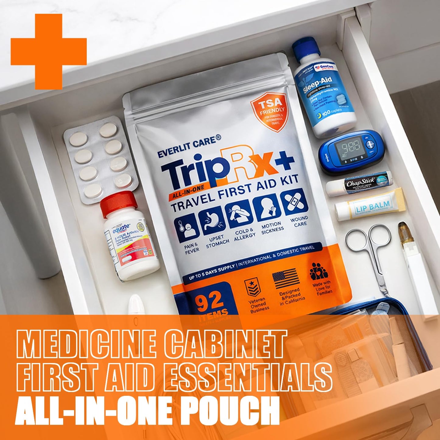EVERLIT CARE Travel Medicine All in One First Aid Kit I OTC Meds + Medical Supplies I TSA Compliant